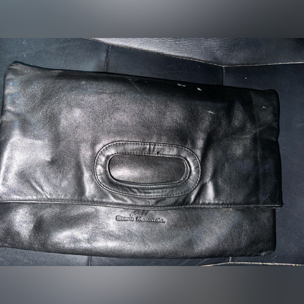 Stone Mountain Soft Black Leather Fold Over Clutch Hand Bag Pouch